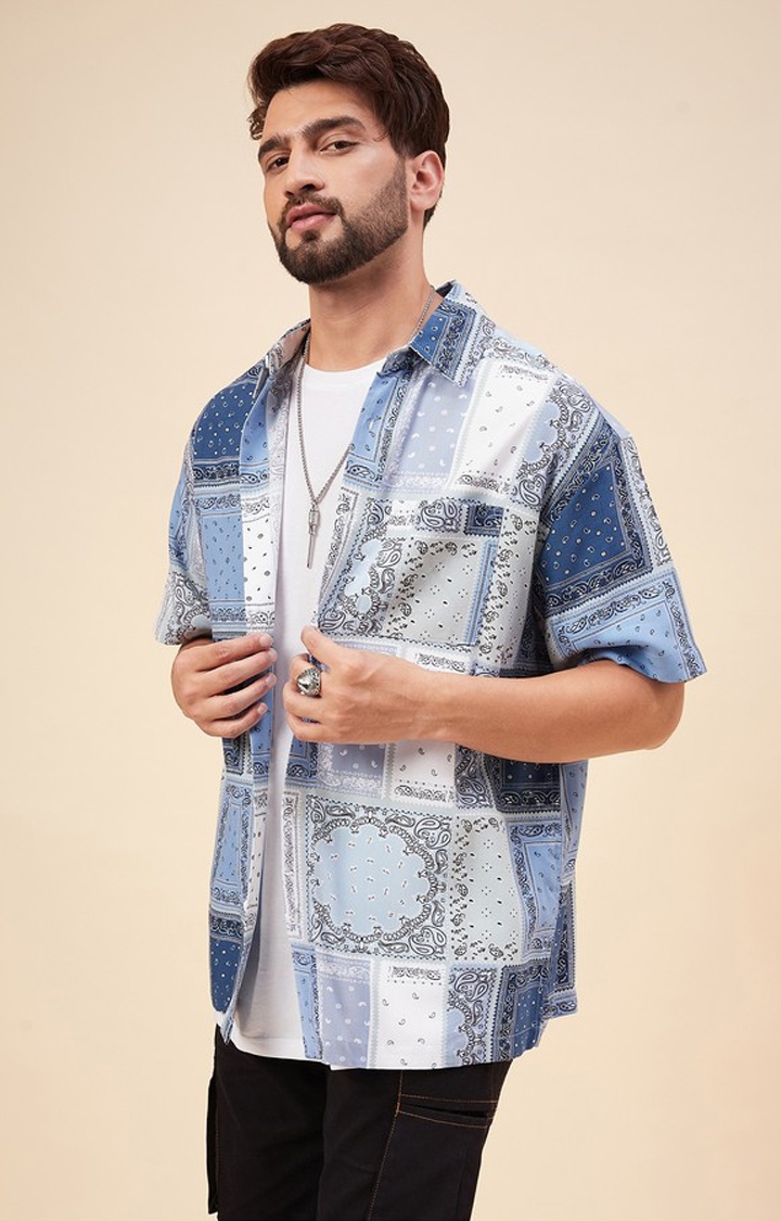 CHIMPAAANZEE | Chimpaaanzee Men Blue & White Oversized Fit Shirt