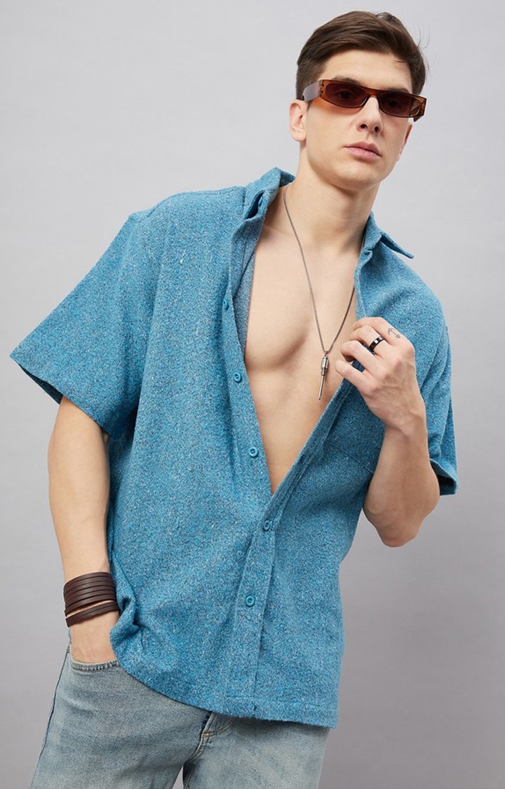 Chimpaaanzee Men Skyblue Oversized Fit Shirt