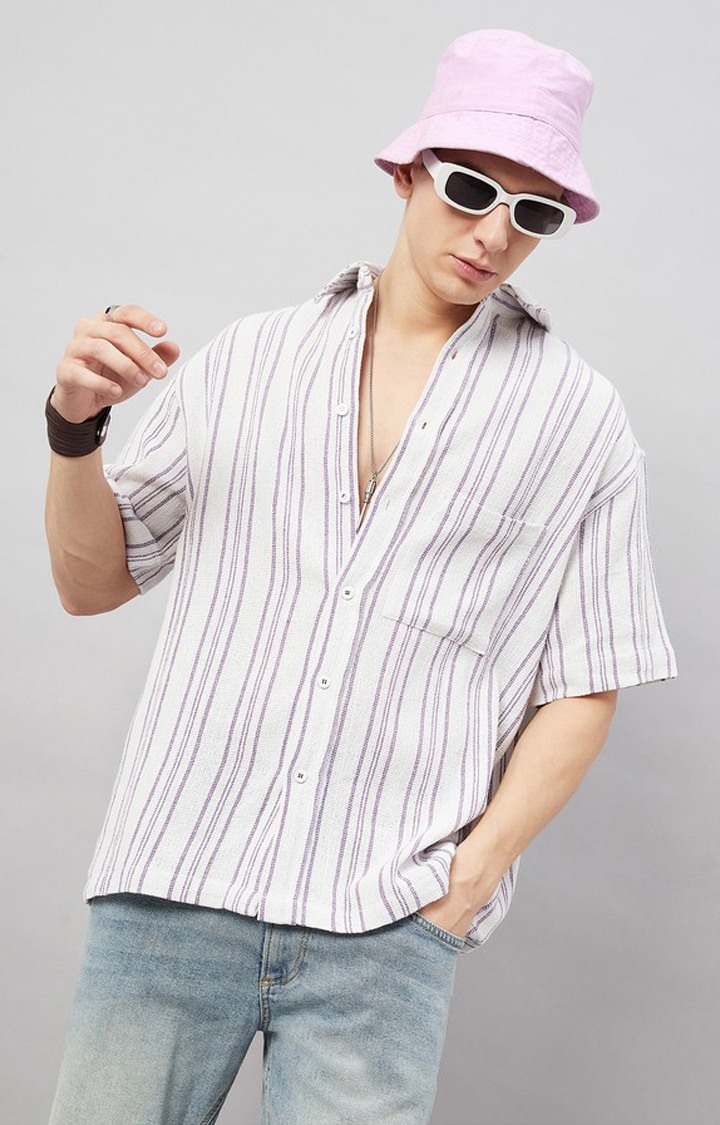 Chimpaaanzee Men White & Purple Oversized Fit Shirt
