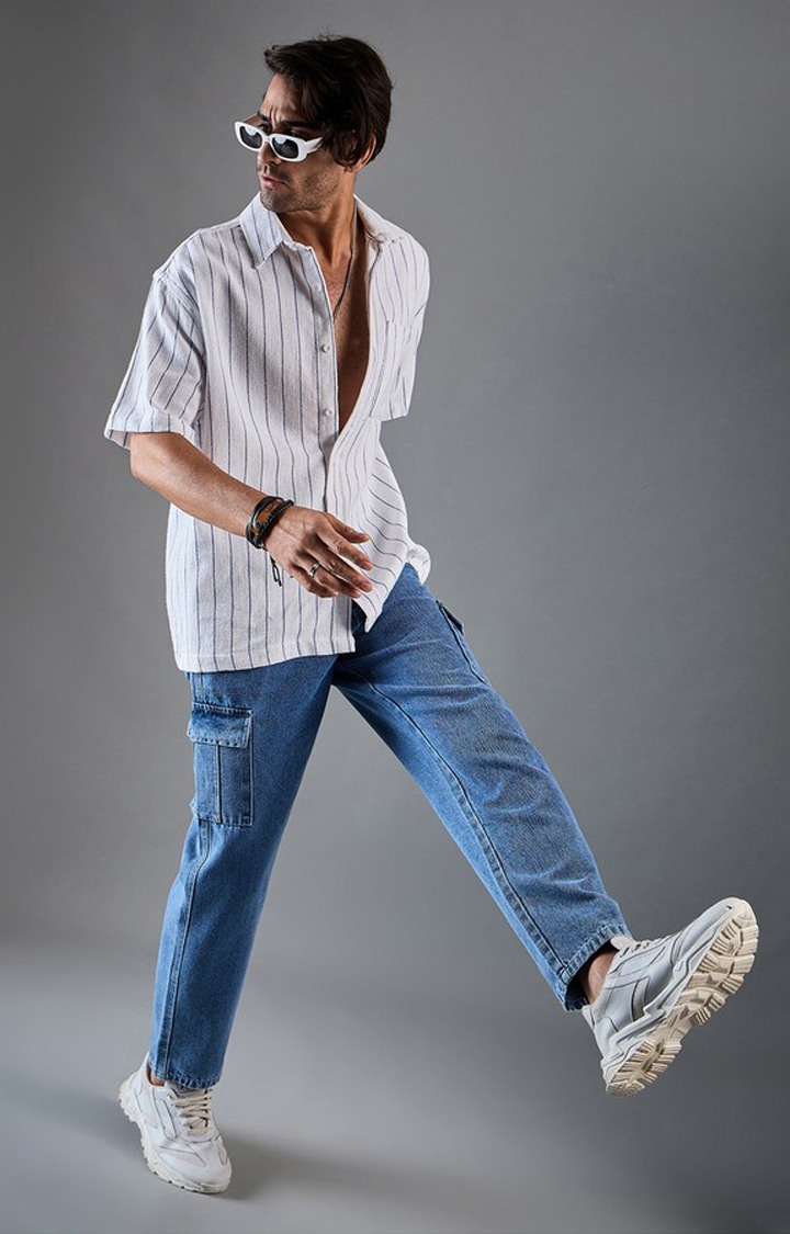 Chimpaaanzee Men White & Blue Oversized Shirt