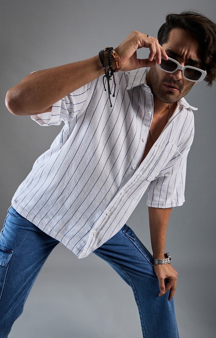 Chimpaaanzee Men White & Blue Oversized Shirt