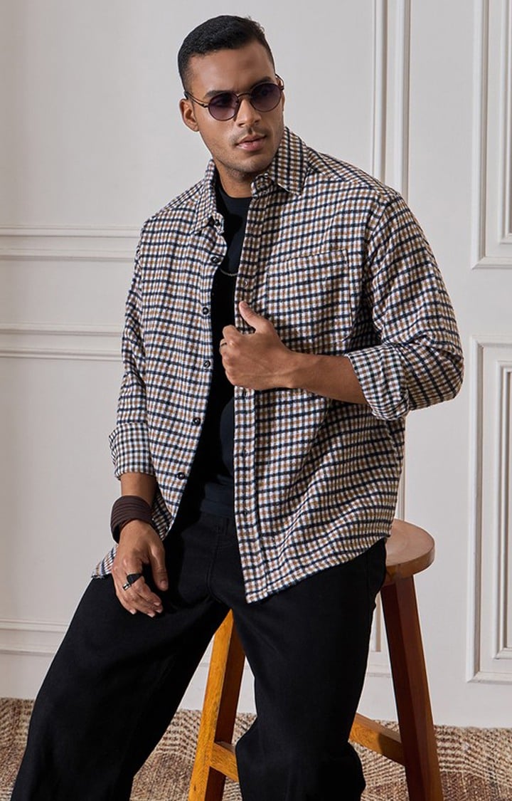 Chimpaaanzee Men White & Brown Oversized Fit Shirt