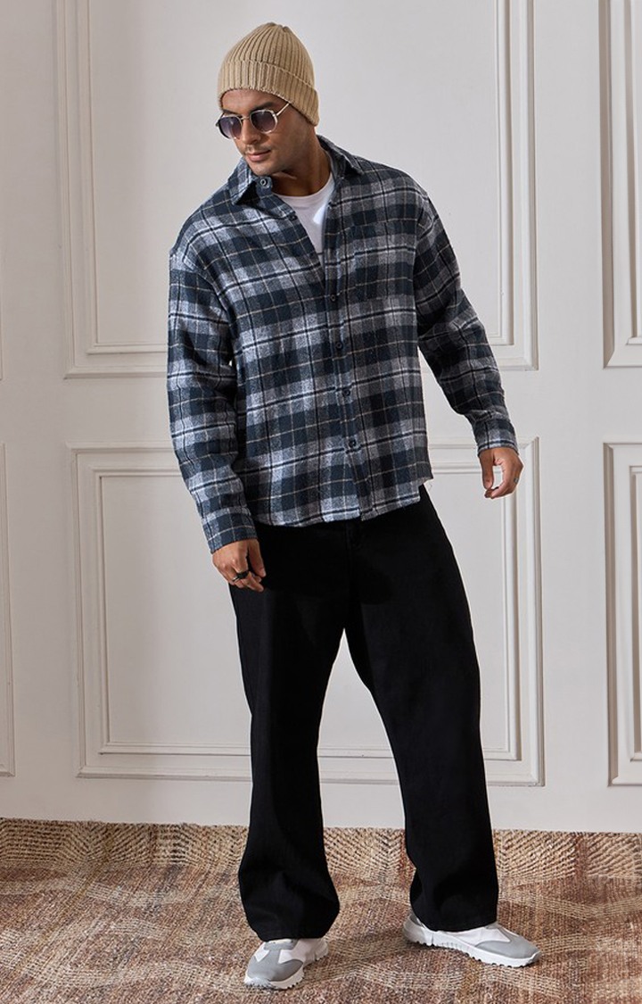 Chimpaaanzee Men Navy & Grey Oversized Fit Shirt