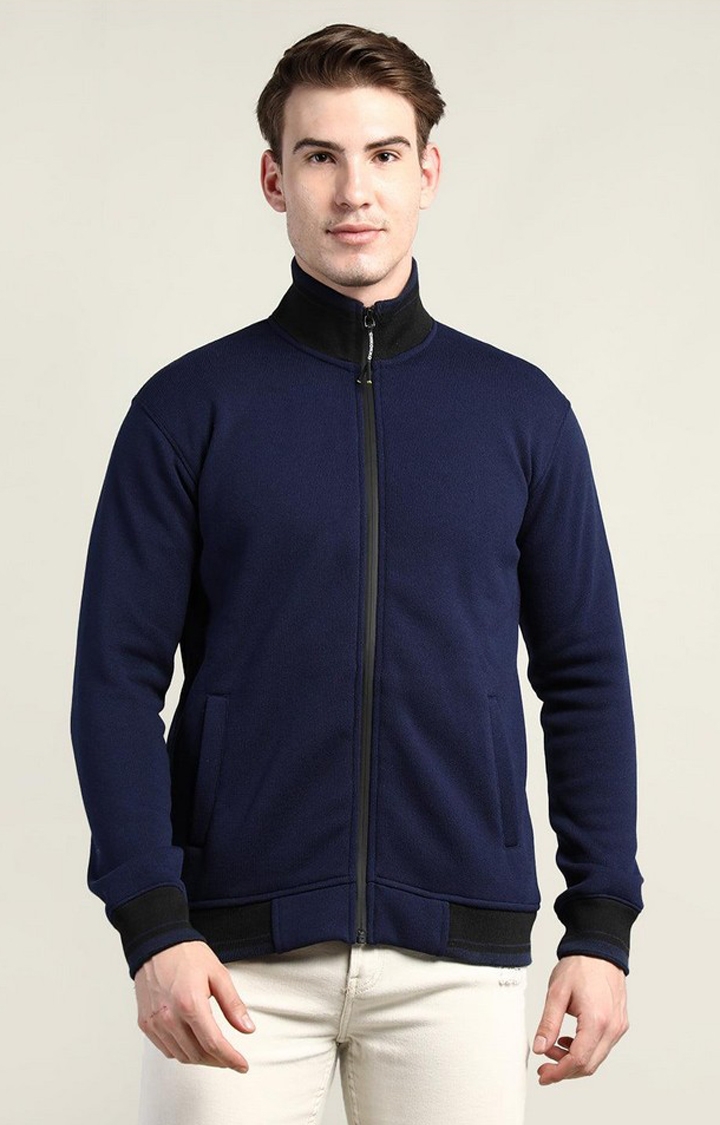 Men's Navy Blue Solid Wool Activewear Jackets