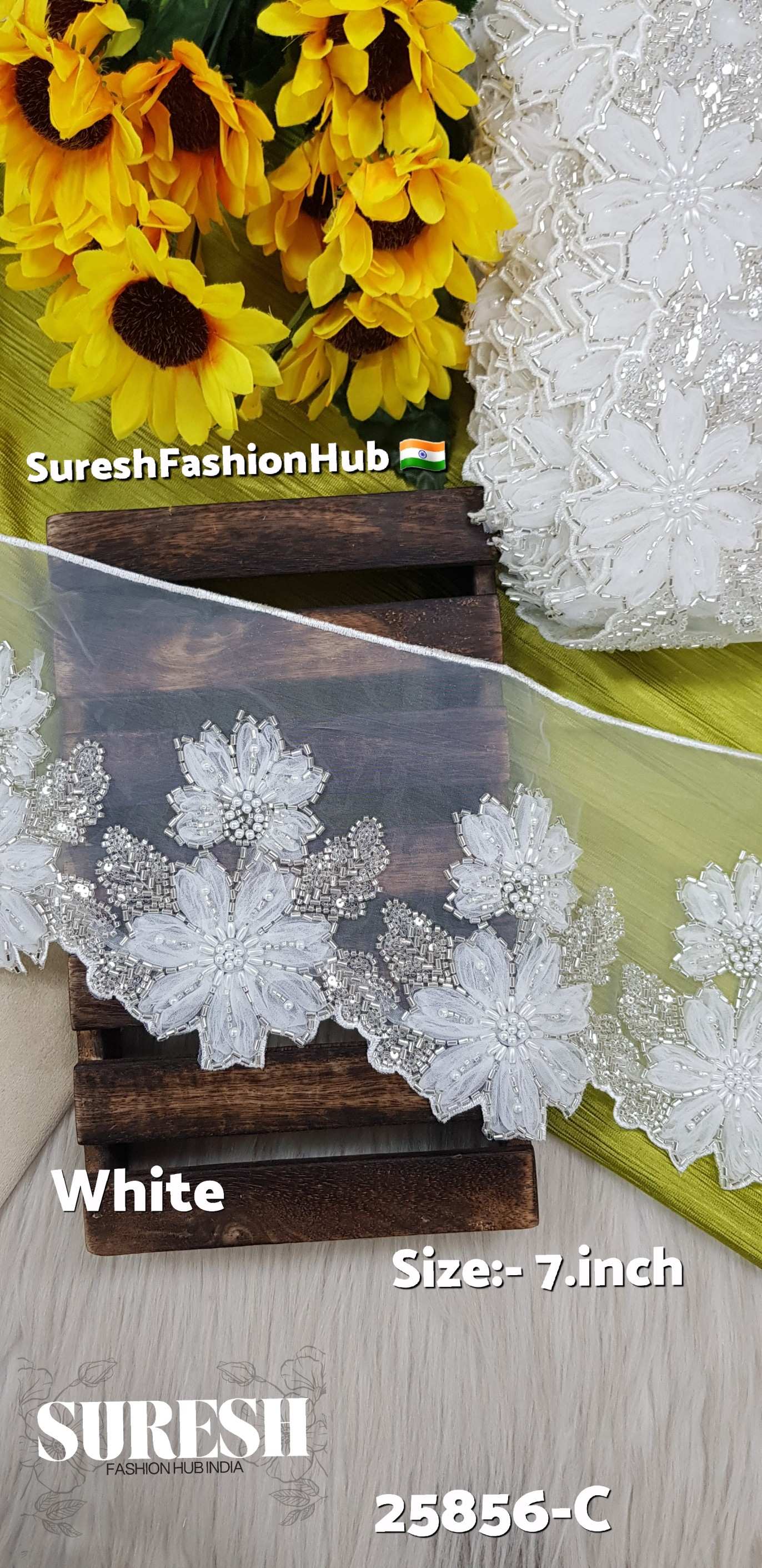 Imported  White Floral Cutdana & Pearl Organza Lace