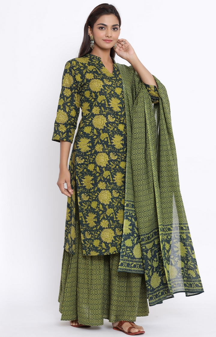 Miravan | Miravan women's cotton printed straight kurta And Sharara With Dupatta set  1