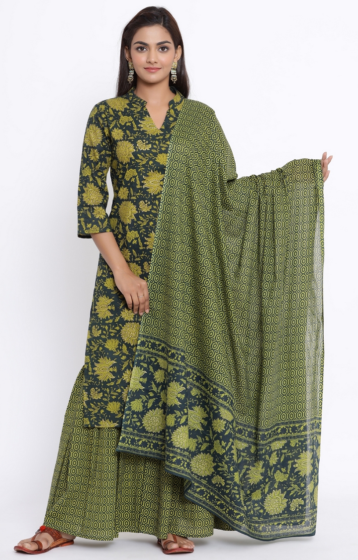 Miravan | Miravan women's cotton printed straight kurta And Sharara With Dupatta set  0