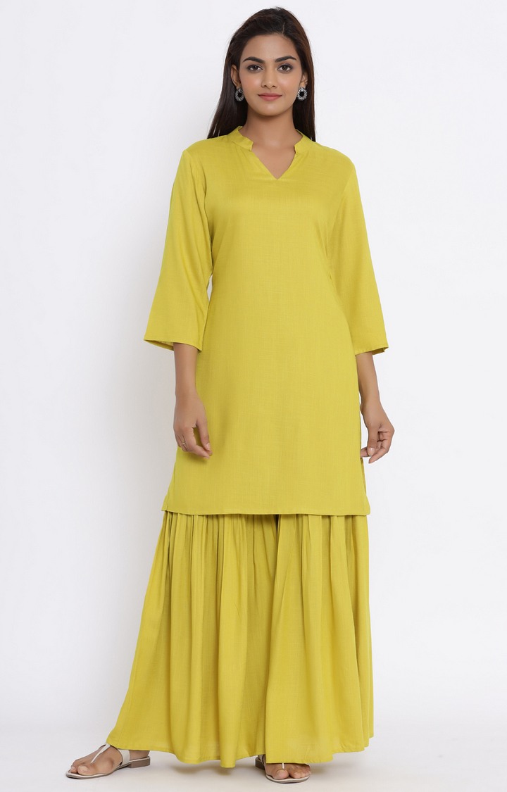 Miravan women's cotton Solid Straight kurta And Sharara set 