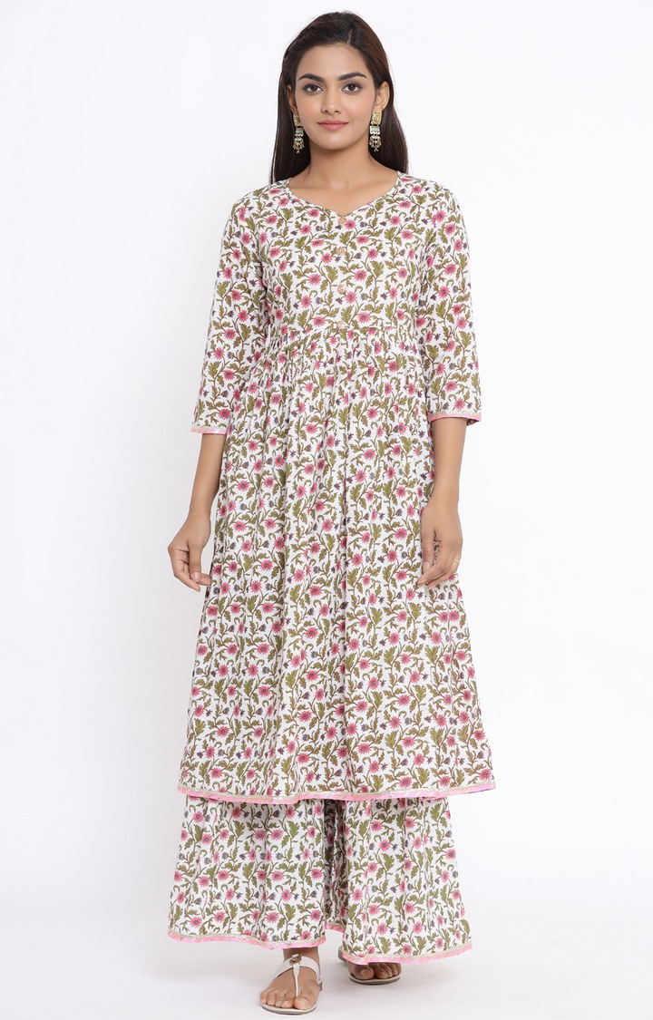 Miravan women's cotton printed Anarkali kurta And Sharara set 
