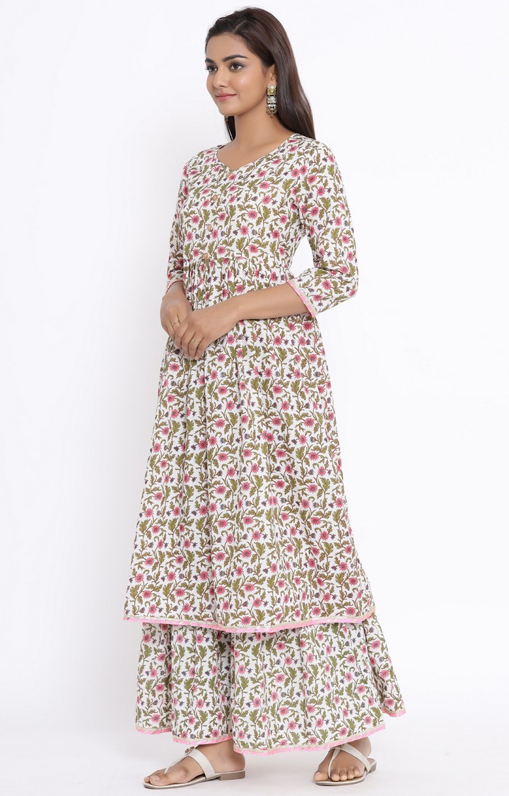 Miravan women's cotton printed Anarkali kurta And Sharara set 
