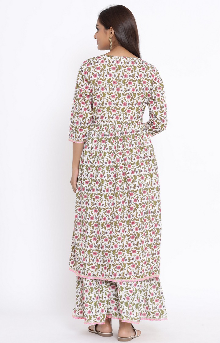 Miravan women's cotton printed Anarkali kurta And Sharara set 
