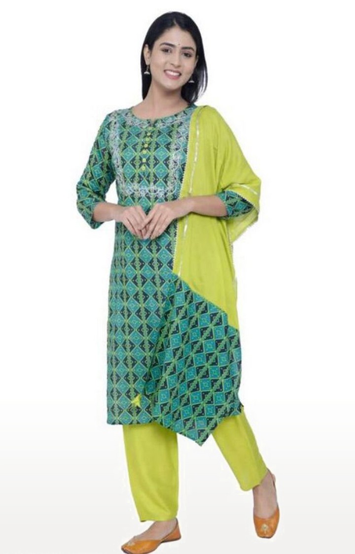 Miravan Womens Printed Embroidered Kurti Pant With Dupatta Set