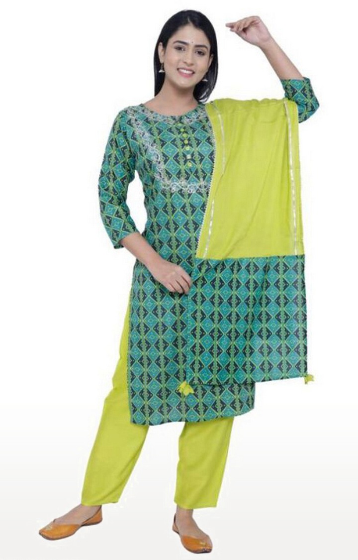 Miravan Womens Printed Embroidered Kurti Pant With Dupatta Set