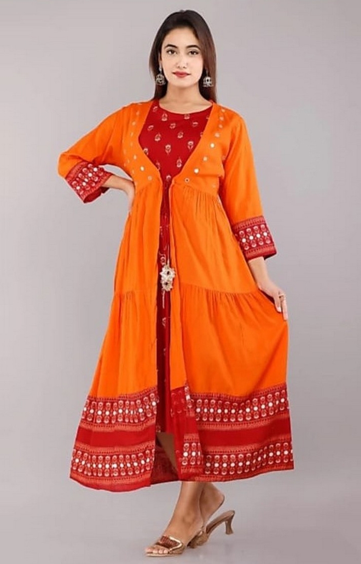 Miravan | Orange Colored Party Wear Embroidered Rayon Anarkali Suit With jacket 0