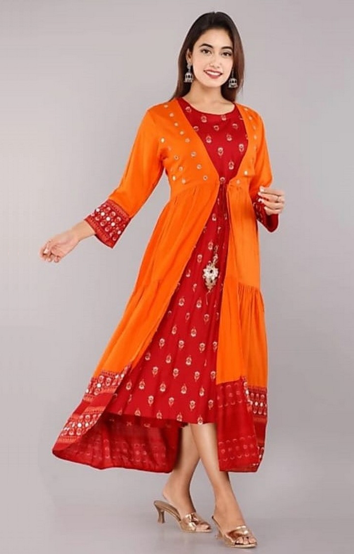 Miravan | Orange Colored Party Wear Embroidered Rayon Anarkali Suit With jacket 3