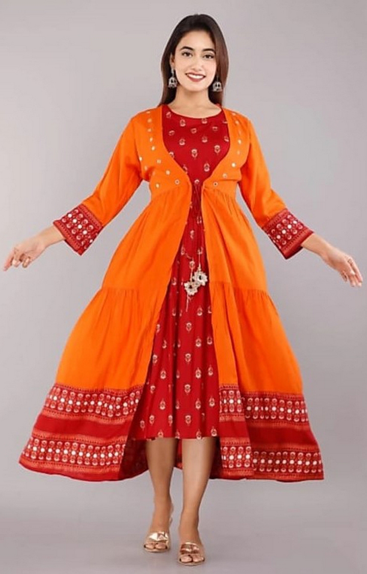 Miravan | Orange Colored Party Wear Embroidered Rayon Anarkali Suit With jacket 2