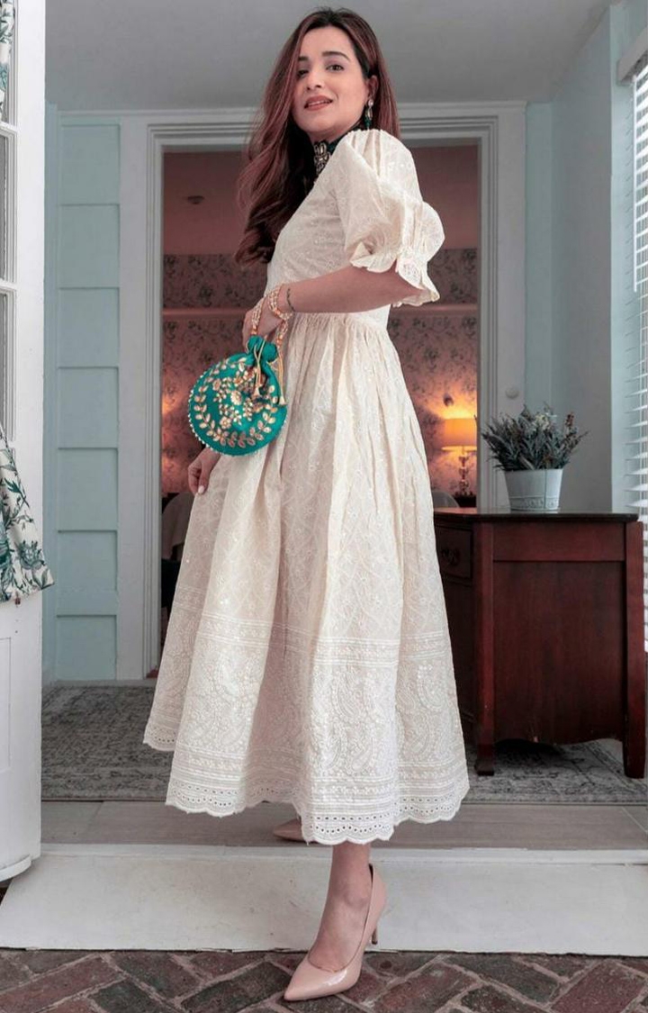 Miravan | White Chikan Cotton Anarkali Embroidery Kurta Dress 3