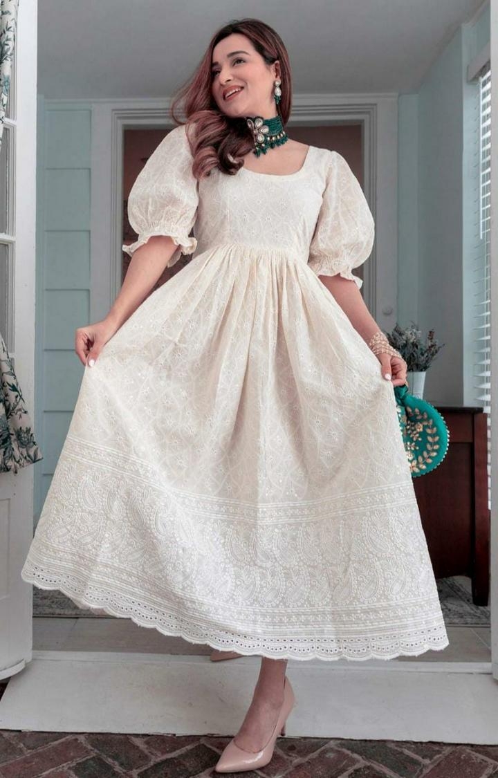 Miravan | White Chikan Cotton Anarkali Embroidery Kurta Dress 0