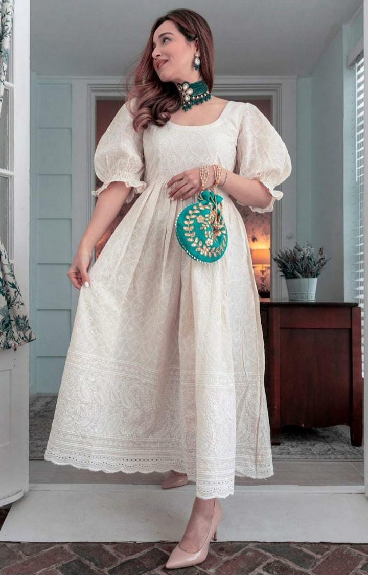 Miravan | White Chikan Cotton Anarkali Embroidery Kurta Dress 2