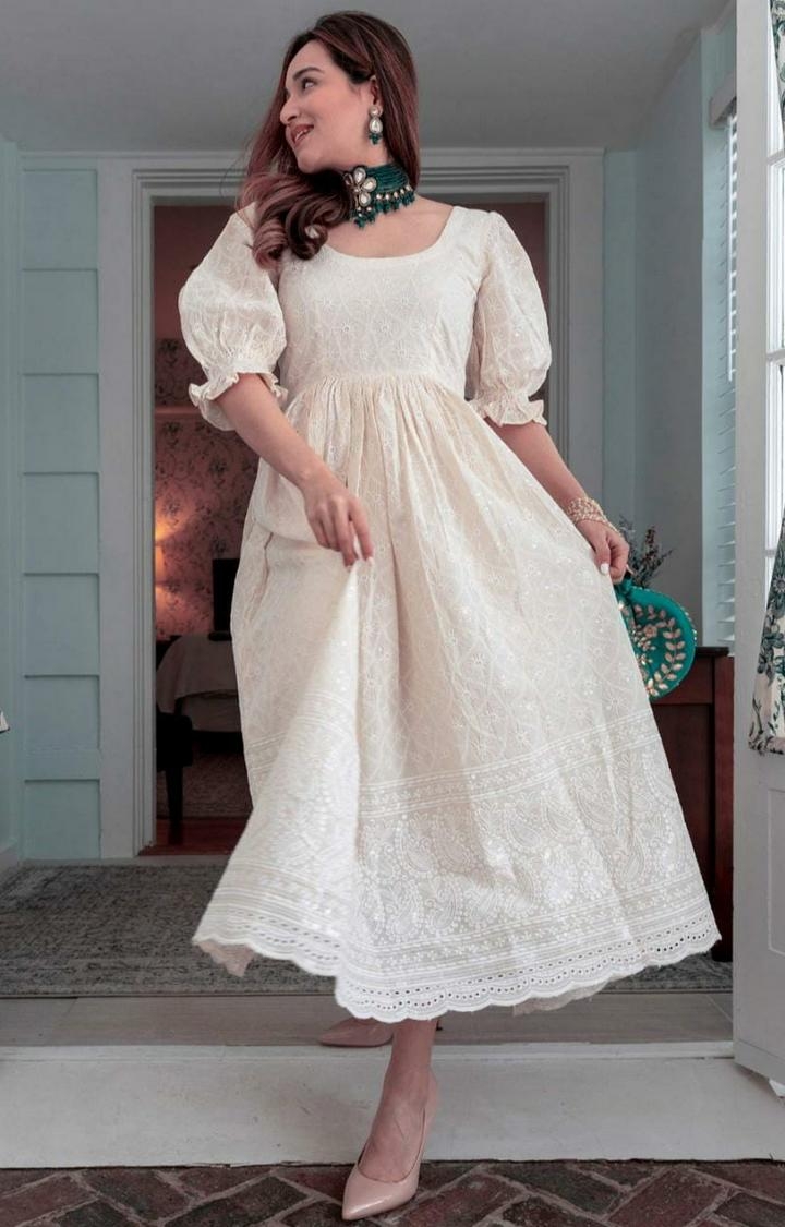 Miravan | White Chikan Cotton Anarkali Embroidery Kurta Dress 1