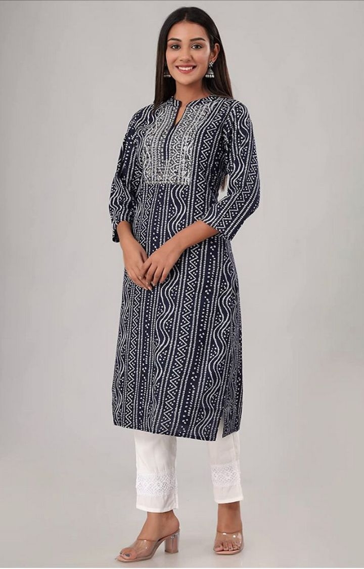 Miravan | Miravan Women's Blue Coloured Rayon Embroidered Bandhej Straight Kurti

  0