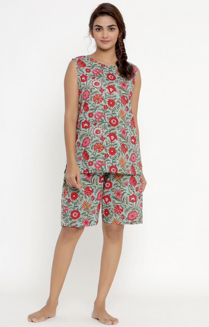 Miravan | Miravan Women's Cotton Floral Printed Sleevless Night Suit Top & Shorts Set 0