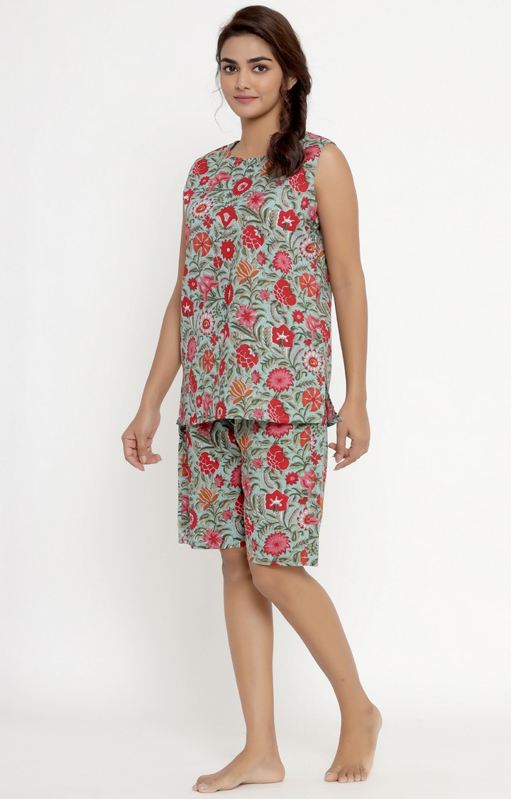 Miravan | Miravan Women's Cotton Floral Printed Sleevless Night Suit Top & Shorts Set 2