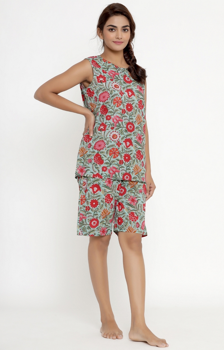 Miravan | Miravan Women's Cotton Floral Printed Sleevless Night Suit Top & Shorts Set 1