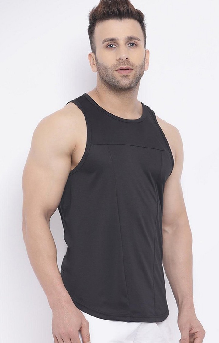 Men's Black Solid Polyester Vest