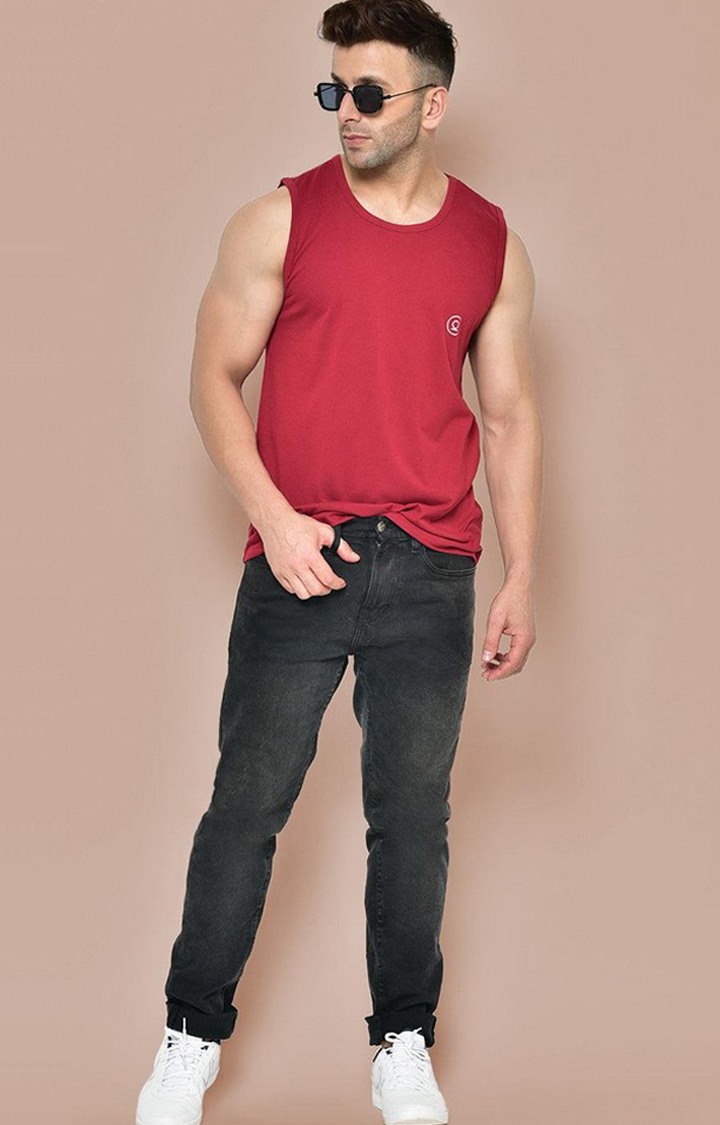 Men's Red Solid Polycotton Vest