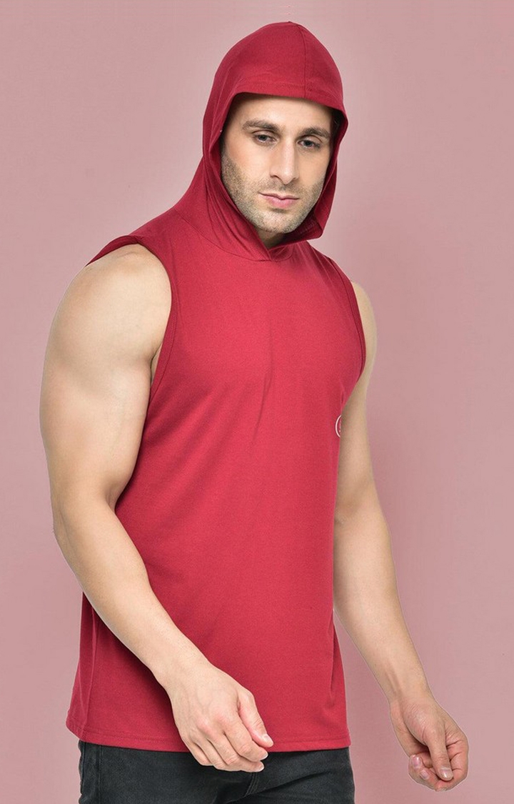 Men's Red Solid Polyester Hoodie