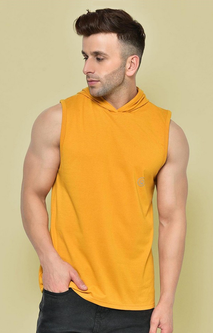 Men's Yellow Solid Polyester Hoodie