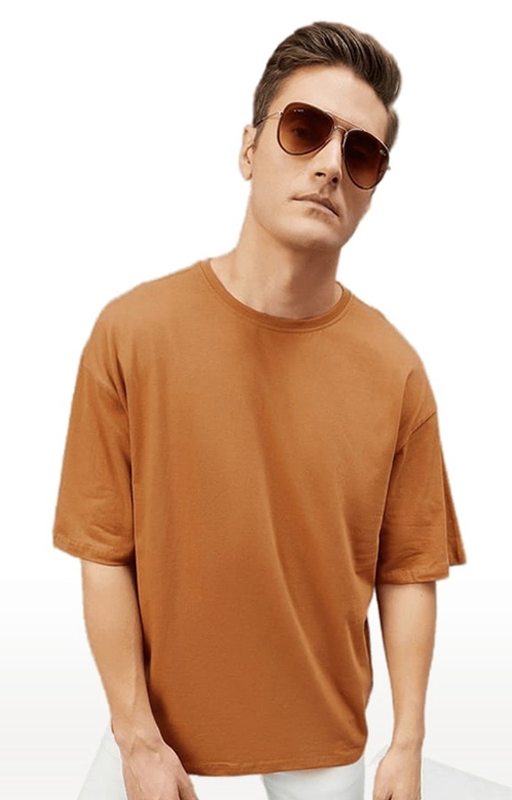 Men's Brown Cotton Solid  Oversized T-shirt