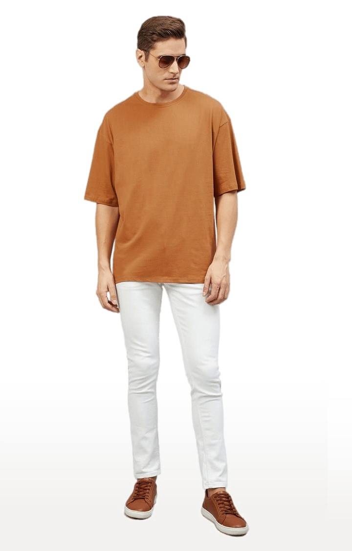 Men's Brown Cotton Solid  Oversized T-shirt