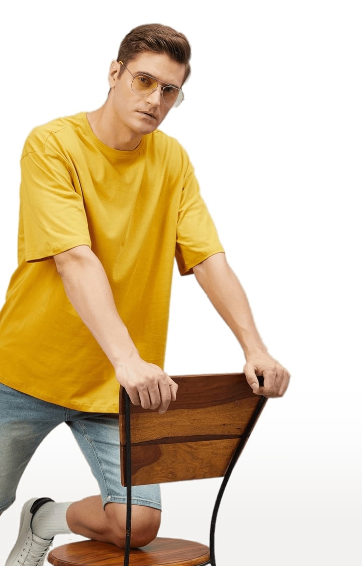 CHIMPAAANZEE | Men's Yellow Cotton Solid  Oversized T-shirt 4