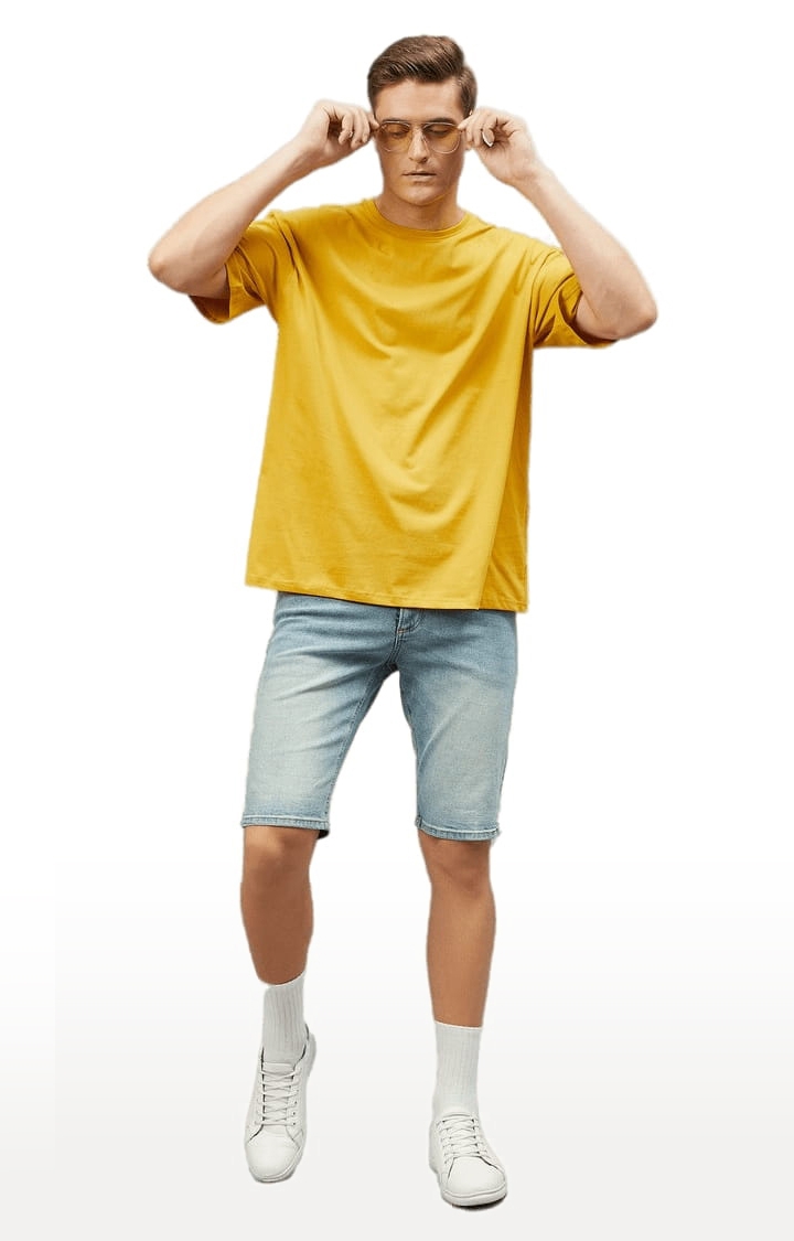 Men's Yellow Cotton Solid  Oversized T-shirt