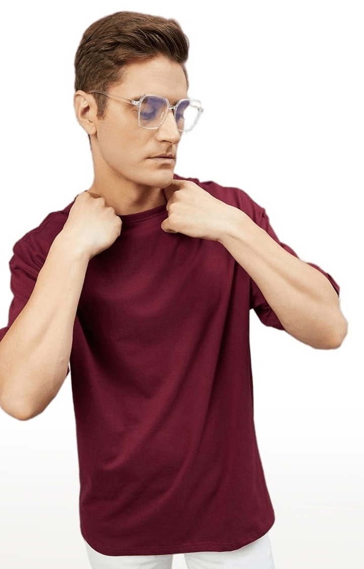 Men's Maroon Cotton Solid  Oversized T-shirt