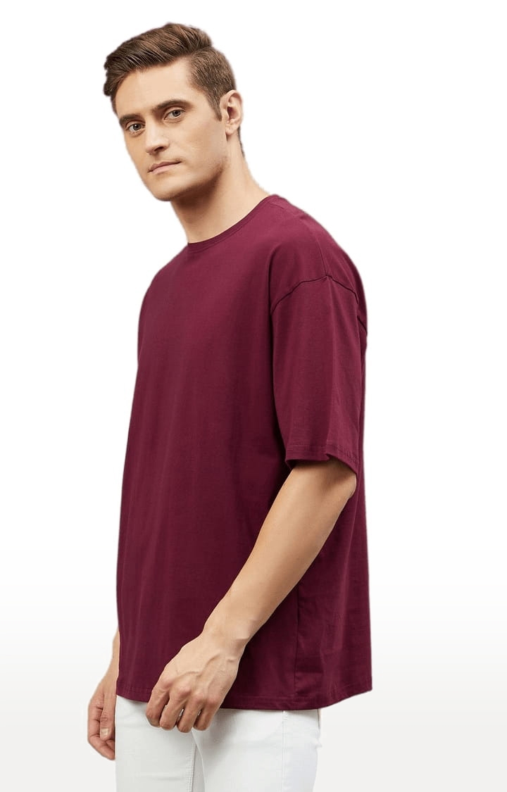 Men's Maroon Cotton Solid  Oversized T-shirt