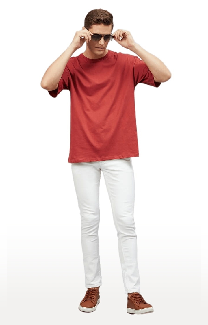 Men's Red Cotton Solid  Oversized T-shirt
