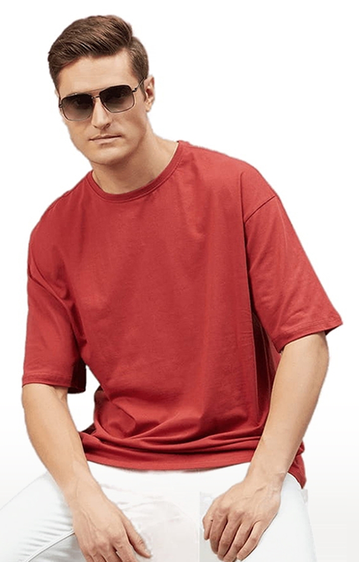 Men's Red Cotton Solid  Oversized T-shirt