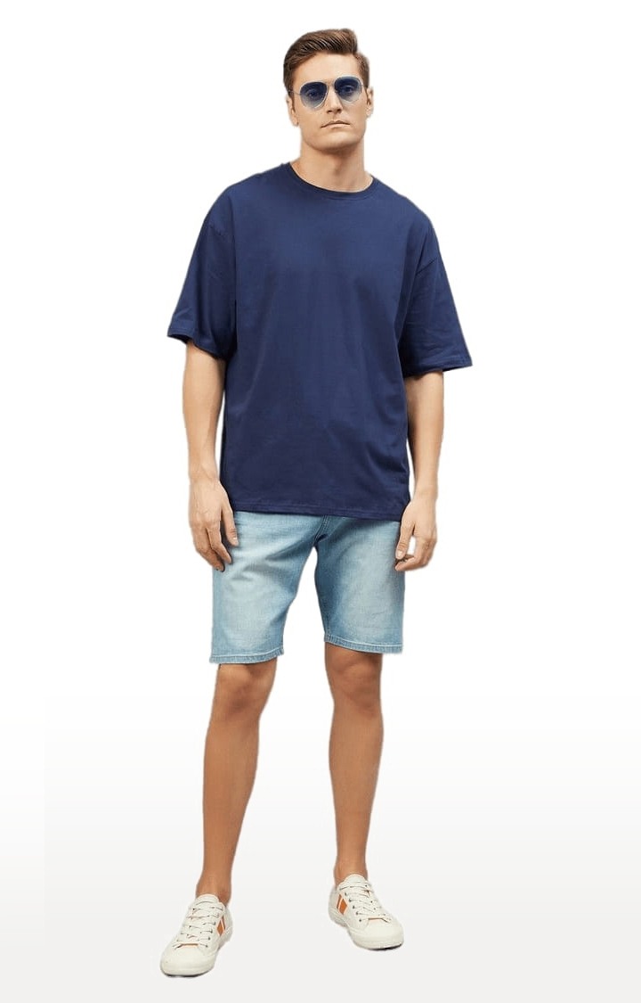 Men's Dark Blue Cotton Solid  Oversized T-shirt