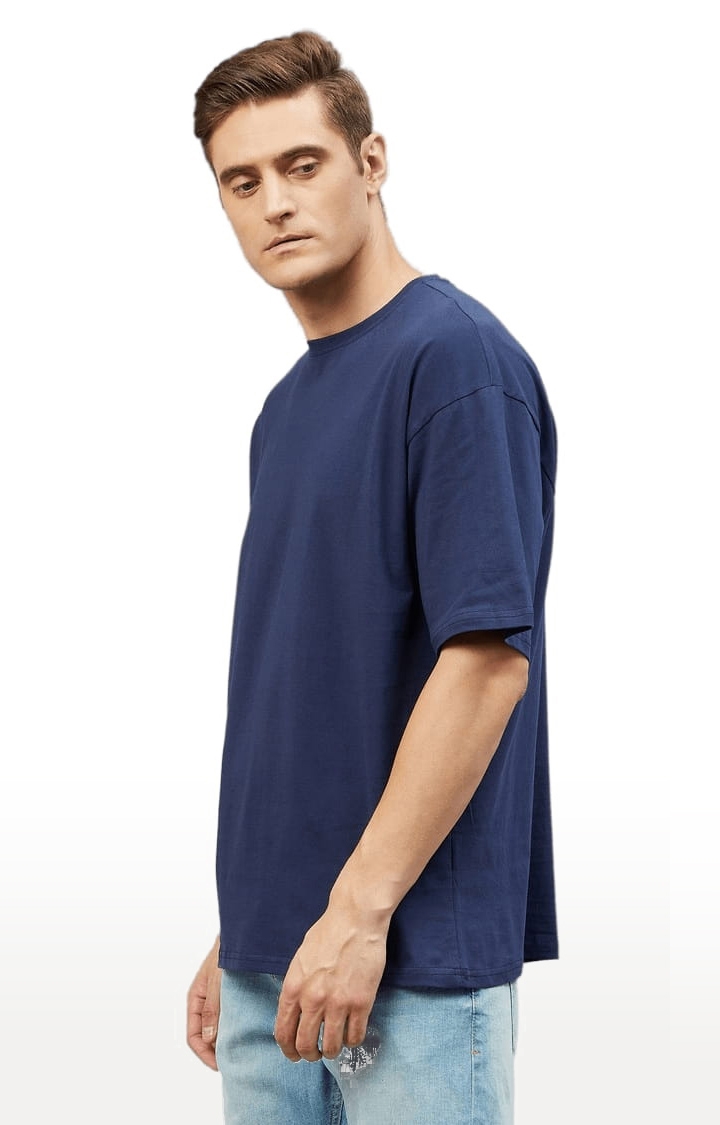 Men's Dark Blue Cotton Solid  Oversized T-shirt