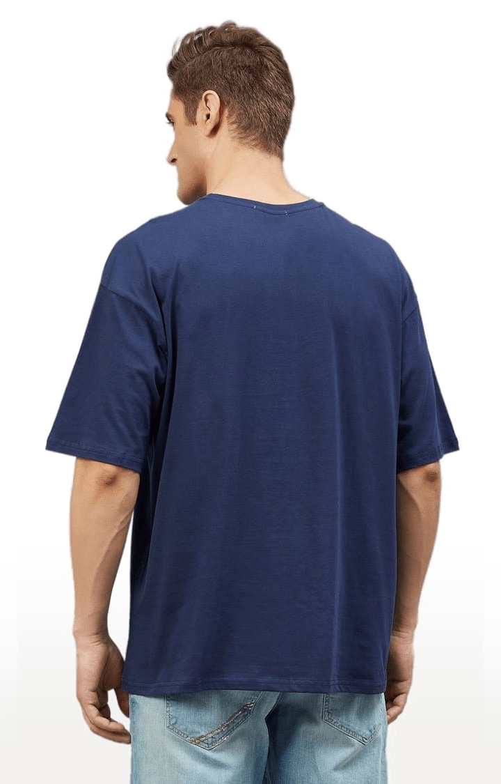 Men's Dark Blue Cotton Solid  Oversized T-shirt