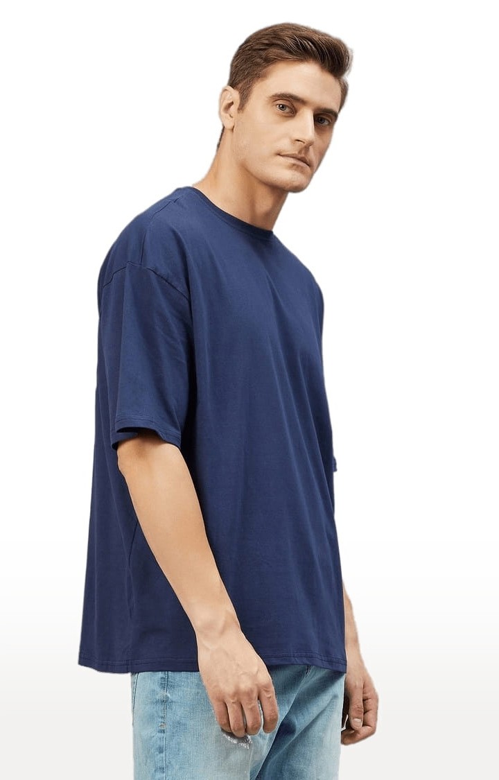 Men's Dark Blue Cotton Solid  Oversized T-shirt