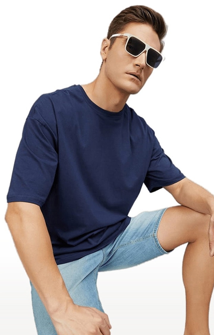 Men's Dark Blue Cotton Solid  Oversized T-shirt