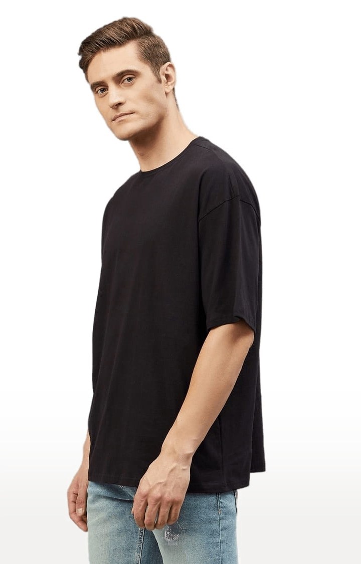 Men's Black Cotton Solid  Oversized T-shirt