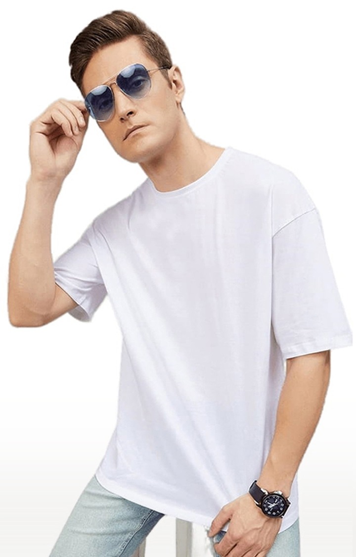 Men's White Cotton Solid  Oversized T-shirt