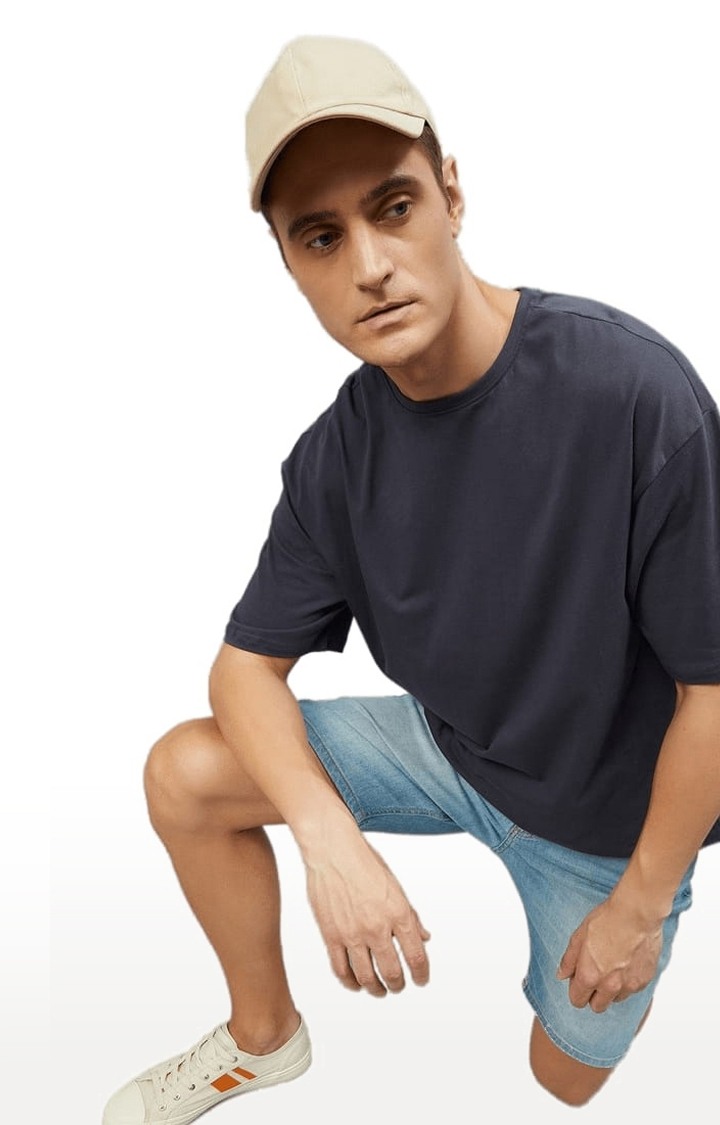 Men's Blue Cotton Solid  Oversized T-shirt
