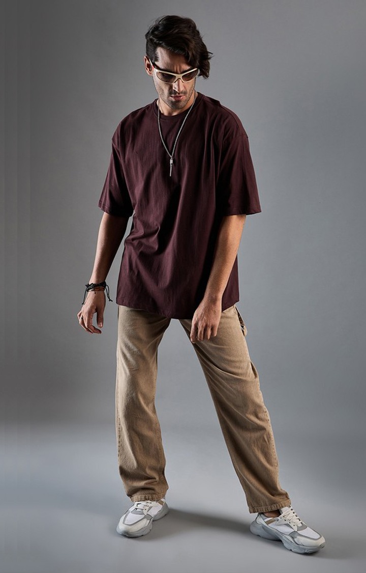 Chimpaaanzee Men Cotton Coffee Brown Solid Oversized T-shirt