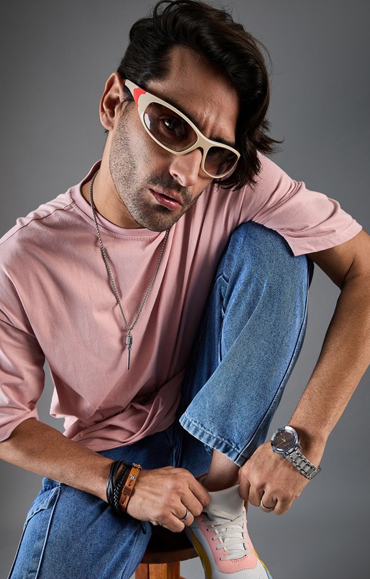 Chimpaaanzee Men Cotton Light Pink Solid Oversized T-shirt